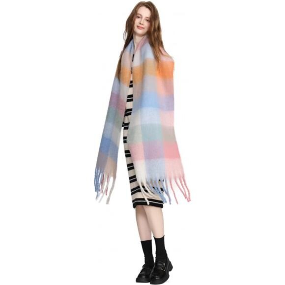 Women's Cashmere Big Coloured Checked Scarf Winter Warm Wrap Scarf - Picture 6 of 7